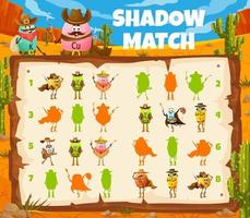 Shadow match game with cowboy vitamin characters vector