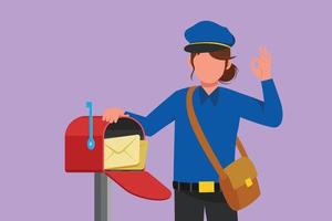 Cartoon flat style drawing beauty postwoman holding envelope on mail box with okay gesture, wearing hat, bag, uniform, working hard to delivery mail to home address. Graphic design vector illustration