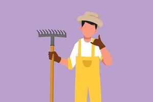 Character flat drawing of male farmer holding rake with call me gesture and wearing straw hat to working on farm at harvest time. Countryside or rural living people. Cartoon design vector illustration