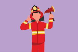 Graphic flat design drawing male firefighter in complete uniform holding glass breaking axe with call me gesture prepare to put out the fire that burned the building. Cartoon style vector illustration