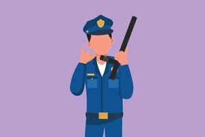 Cartoon flat style drawing policeman holding police baton with call me gesture and in full uniform ready to enforce traffic discipline on highway. Policeman on duty. Graphic design vector illustration
