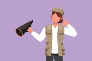 Cartoon flat style drawing female film director holding megaphone with call me gesture, wearing vest, cap while set film crew for shooting romance movie in studio. Graphic design vector illustration