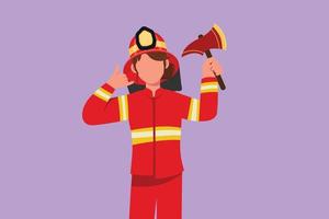 Graphic flat design drawing female firefighter in complete uniform holding glass breaking axe with call me gesture prepare to put out fire that burned the building. Cartoon style vector illustration