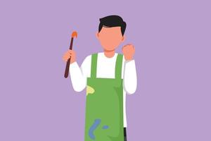 Graphic flat design drawing painter artist holding paintbrush with celebrate gesture, using painting tools such as brushes, canvas, watercolors, produce creative art. Cartoon style vector illustration