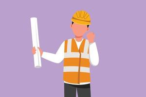 Cartoon flat style drawing architect wearing vest, helmet with celebrate gesture and carrying blueprint paper for building work plan. Builder on work at ground site. Graphic design vector illustration