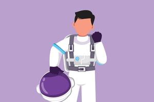 Graphic flat design drawing male astronaut holding helmet with celebrate gesture wearing spacesuit and ready to explore outer space in search mysteries of universe. Cartoon style vector illustration