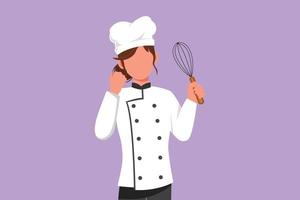 Graphic flat design drawing female chef holding egg beater with celebrate gesture, tasting delicious cake. Wearing uniform ready to cook food for guest in restaurant. Cartoon style vector illustration