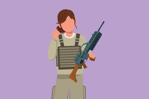 Cartoon flat style drawing female soldier in uniform, holding weapon with celebrate gesture and ready to defend country on battlefield against enemy. Army on duty. Graphic design vector illustration