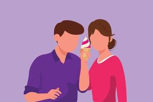 Graphic flat design drawing of romantic couple standing and sharing ice cream cone. Celebrate anniversaries and enjoying fast food snack at restaurant. Sweet dessert. Cartoon style vector illustration