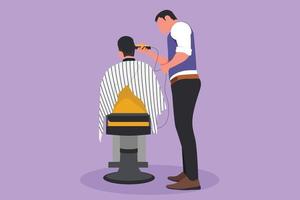 Character flat drawing rear view shot of handsome hairdresser cutting hair young male client. Hairstylist serving client at barber shop. Professional barber concept. Cartoon design vector illustration