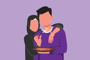 Character flat drawing romantic Arab woman feeding husband with Italian pasta or spaghetti. Celebrate wedding anniversaries and enjoy romantic moment at restaurant. Cartoon design vector illustration