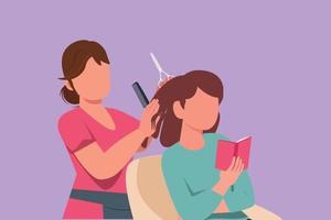 Character flat drawing of beautiful woman reading book in barbershop and waiting for result. Glowing beauty with new hairstyle at salon. Hair style business concept. Cartoon design vector illustration