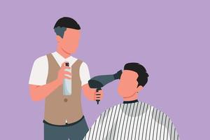 Cartoon flat style drawing of active barber makes hair styling with hair spray after haircut at barber shop. Young handsome man getting haircut in modern hair salon. Graphic design vector illustration