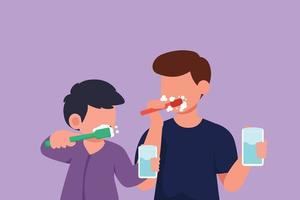 Character flat drawing happy father teaching his cute son brushing teeth in bathroom. Routine habits for cleanliness. Healthy mouth and teeth campaign for children. Cartoon design vector illustration