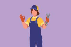 Cartoon flat style drawing of attractive female mechanic holding wrench with okay gesture and ready to perform maintenance on the vehicle engine or transportation. Graphic design vector illustration