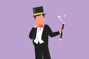 Graphic flat design drawing magician in tuxedo with call me gesture wear hat and holding magic stick ready to entertain audience in circus show. Magical performance. Cartoon style vector illustration