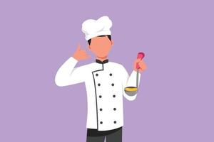 Graphic flat design drawing attractive chef holding ladle with call me gesture and tasting delicious soup. Wearing uniform ready to cook food for guest in restaurant. Cartoon style vector illustration