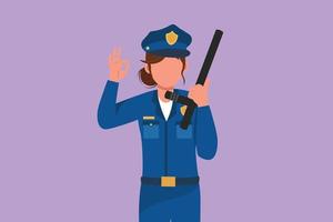 Cartoon flat style drawing policewoman holding police baton with okay gesture and in full uniform ready to enforce traffic discipline on the highway. Police on duty. Graphic design vector illustration