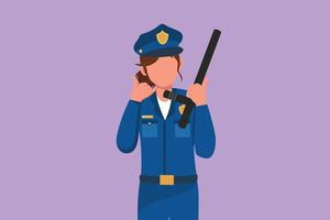 Cartoon flat style drawing policewoman holding police baton with call me gesture and in full uniform ready to enforce traffic discipline on highway. Police on duty. Graphic design vector illustration