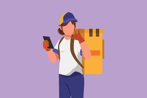 Character flat drawing deliverywoman holding smartphone for finding address with call me gesture and carry package box to be delivered to customer with best service. Cartoon design vector illustration