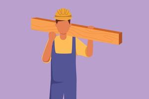 Cartoon flat style drawing carpenter carrying wooden board with celebrate gesture and working in his workshop making wooden products. Skills in using carpentry tool. Graphic design vector illustration