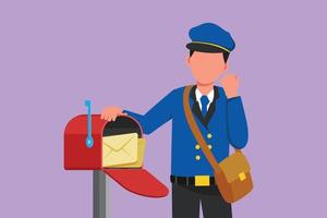 Graphic flat design drawing happy postman holding envelope on mail box with celebrate gesture, wear hat, bag, uniform, working hard to delivery mail to home address. Cartoon style vector illustration