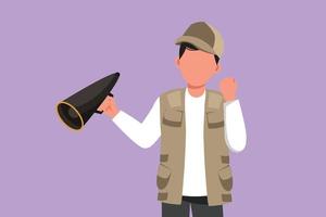 Cartoon flat style drawing male film director holding megaphone with celebrate gesture, wearing vest and cap while set film crew for shooting action movie in studio. Graphic design vector illustration