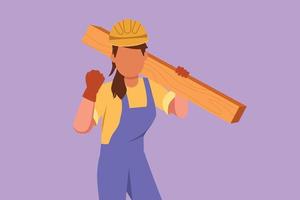 Graphic flat design drawing female carpenter carrying wooden board with celebrate gesture, working in workshop making wooden product. Skills in using carpentry tool. Cartoon style vector illustration