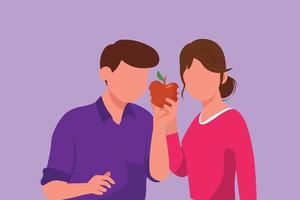 Cartoon flat style drawing young couple sharing apple. Man giving red fruit of knowledge, wisdom, mutual trust, kindness and support between teens. Providing love. Graphic design vector illustration