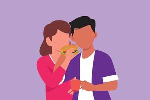 Character flat drawing cute man and woman eating one burger together. Happy couple sharing hamburger. Celebrate wedding anniversaries and having lunch at restaurant. Cartoon design vector illustration