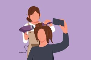 Cartoon flat style drawing beautiful young girl taking picture with smartphone and stylist. Going for change of style, discussing hairstyling with her hairdresser. Graphic design vector illustration