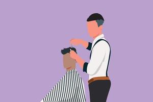 Graphic flat design drawing barber shop client, which is getting his perfect haircut from classy dressed stylist, calm down and waiting for result. Success business. Cartoon style vector illustration