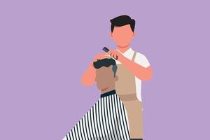 Graphic flat design drawing of young handsome barber making haircut of attractive bearded man in barbershop. Hairdo looks trendy and so perfect. Successful business. Cartoon style vector illustration