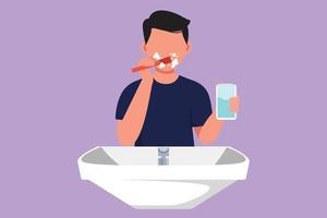 Character flat drawing active man brushing teeth in sink. Routine habits every morning for cleanliness, health, freshness of mouth and teeth. Healthy teeth campaign. Cartoon design vector illustration