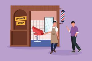 Character flat drawing hipster client visiting and hairdresser welcome customers to enter barber shop. Successful professional barber. Hairstylist gentleman concept. Cartoon design vector illustration