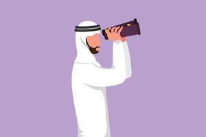 Cartoon flat style drawing side view of Arab businessman looking in distance with binoculars. Enjoy beauty nature as far as the eye can see. Find interesting object. Graphic design vector illustration