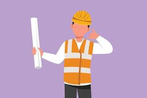 Cartoon flat style drawing architect wearing vest, helmet with call me gesture and carrying blueprint paper for building work plan. Builder on work at ground site. Graphic design vector illustration