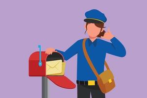 Graphic flat design drawing postwoman holding envelope on mail box with call me gesture, wearing hat, bag, and uniform, working hard to delivery mail to home address. Cartoon style vector illustration