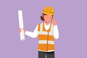 Character flat drawing female architect wearing vest and helmet with celebrate gesture, carrying blueprint paper for the building work plan. Builder on work at site. Cartoon design vector illustration