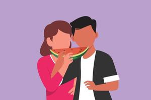 Cartoon flat style drawing cute young smiling couple eating watermelon on outdoor having fun. Celebrate wedding anniversaries and enjoy romantic lunch at restaurant. Graphic design vector illustration