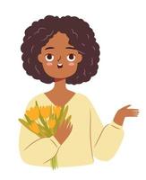 Cute African girl with a flower bouquet pointing at something. Tulips in hands. March 8 character isolated on white background. vector