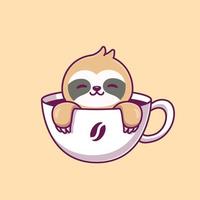 Lindo perezoso en la ilustración de icono de vector de dibujos animados de taza de café. concepto de icono de bebida animal vector premium aislado. estilo de dibujos animados plana