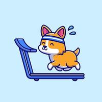 corgi feliz corriendo en la cinta de correr ilustración de icono de vector de dibujos animados. concepto de icono de deporte animal vector premium aislado. estilo de dibujos animados plana