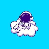 Cute Astronaut Sitting On Cloud Cartoon Vector Icon Illustration. Science Technology Icon Concept Isolated Premium Vector. Flat Cartoon Style