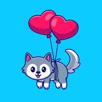Cute Husky Dog Floating With Heart Balloon Cartoon Vector Icon Illustration. Animal Love Icon Concept Isolated Premium Vector. Flat Cartoon Style
