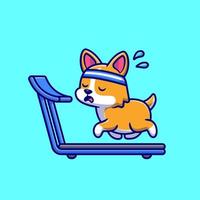 corgi agotado corriendo en la cinta de correr ilustración de icono de vector de dibujos animados. concepto de icono de deporte animal vector premium aislado. estilo de dibujos animados plana