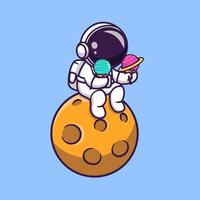 lindo astronauta sosteniendo helado de planeta en la ilustración de icono de vector de dibujos animados de planeta. ciencia tecnología icono concepto aislado vector premium. estilo de dibujos animados plana