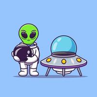 lindo astronauta extraterrestre sosteniendo casco con nave espacial ovni dibujos animados vector icono ilustración. ciencia tecnología icono concepto aislado vector premium. estilo de dibujos animados plana