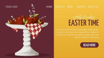 diseño de página web para felices pascuas. huevos rojos festivos, ramitas de sauce en un plato con soporte. ilustración vectorial, plantilla para póster, banner, sitio web. vector