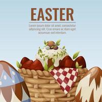 Wicker basket with Easter eggs and traditional cake. Square background with place for text. Vector illustration for spring religious holiday. For banner, poster, postcard